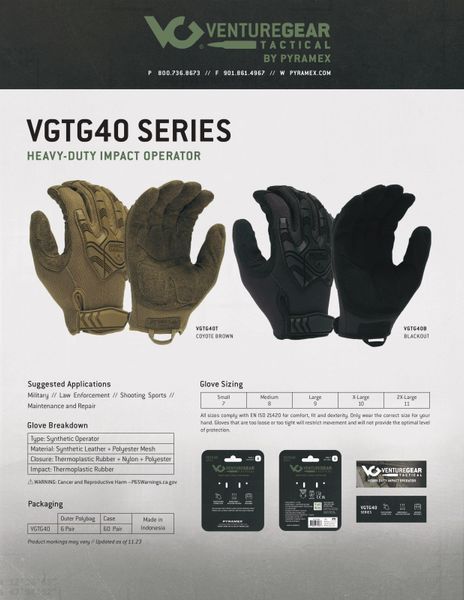 Тактичні рукавиці протиударні Venture Gear Tactical VGTG40 Heavy-Duty Impact Operator, пісочні, розмір L (9) VGTG40TL фото